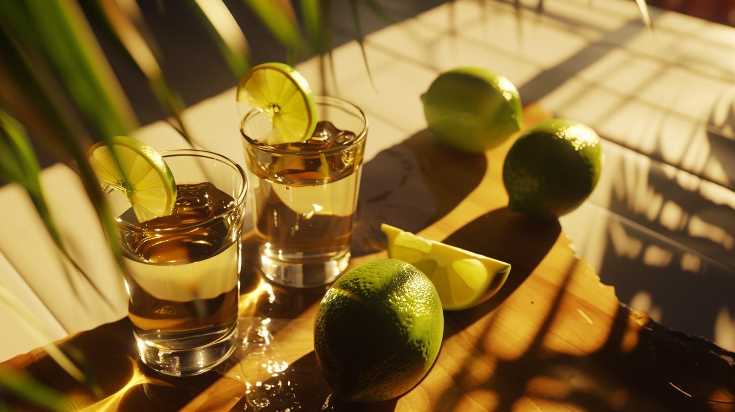 Two tequila shots with lime on a desk