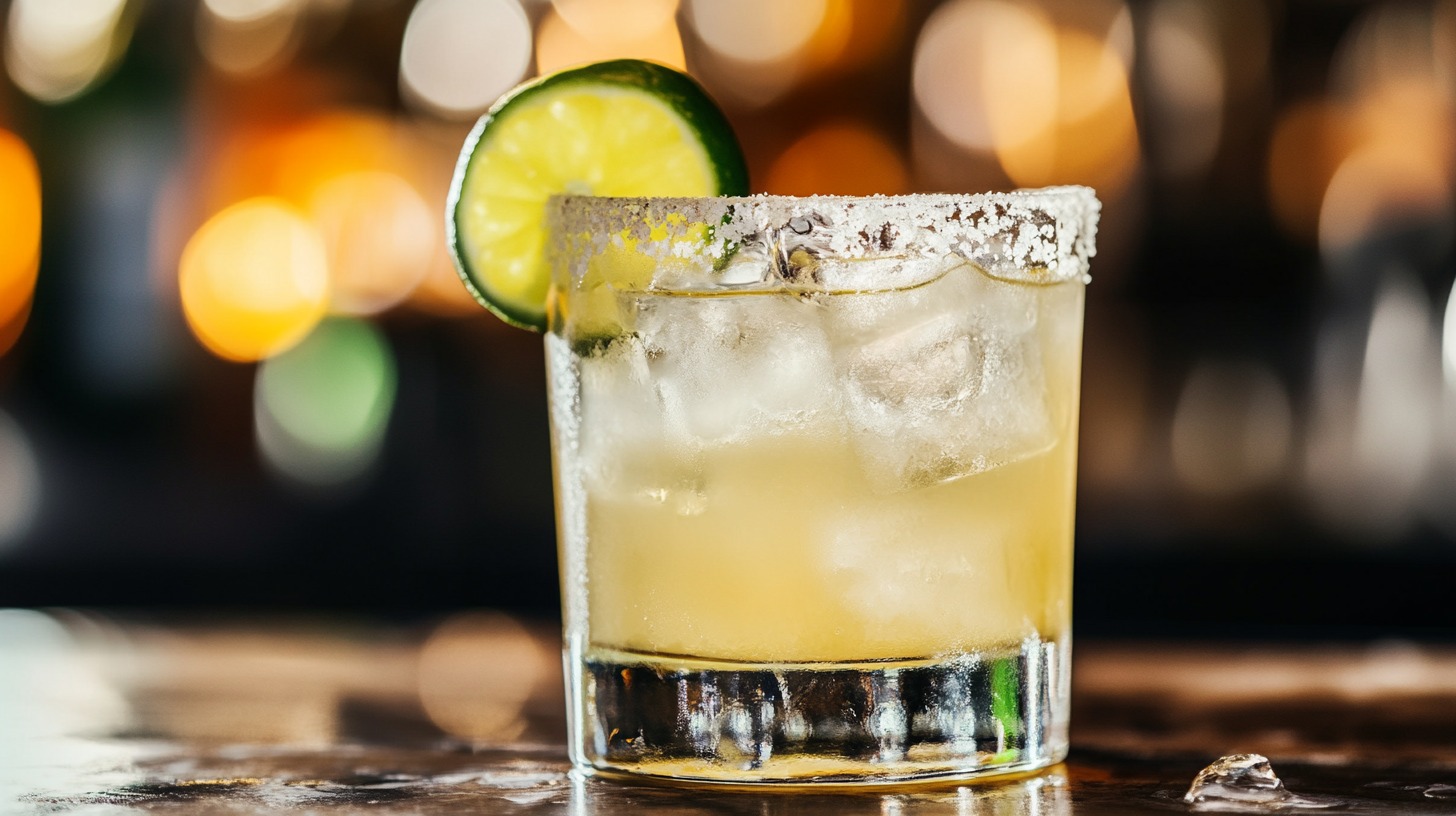 Close-up of a cocktail glass filled with a yellow drink, ice cubes, and a lime slice on the rim.