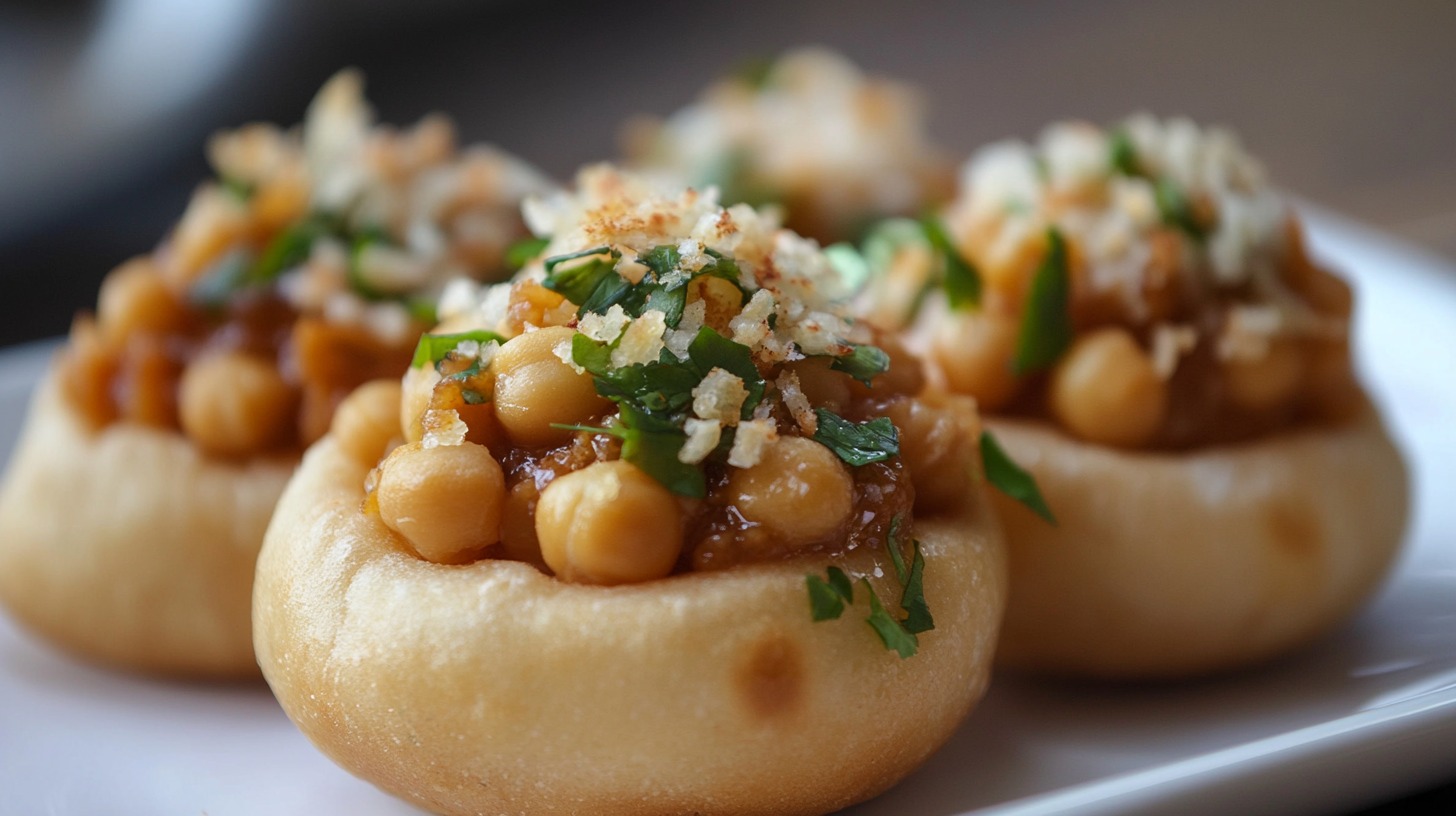 Close-up of crispy Pani Puri shells filled with spiced chickpeas, garnished with fresh cilantro and crispy toppings, served on a white plate