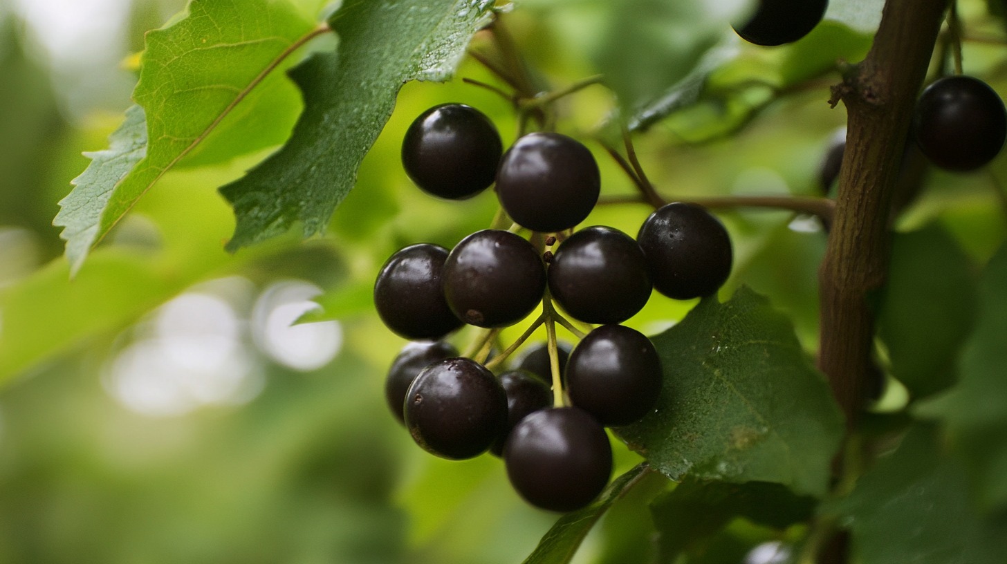 Close-up of dark purple muscadine grapes growing on a vine with green leaves in the background