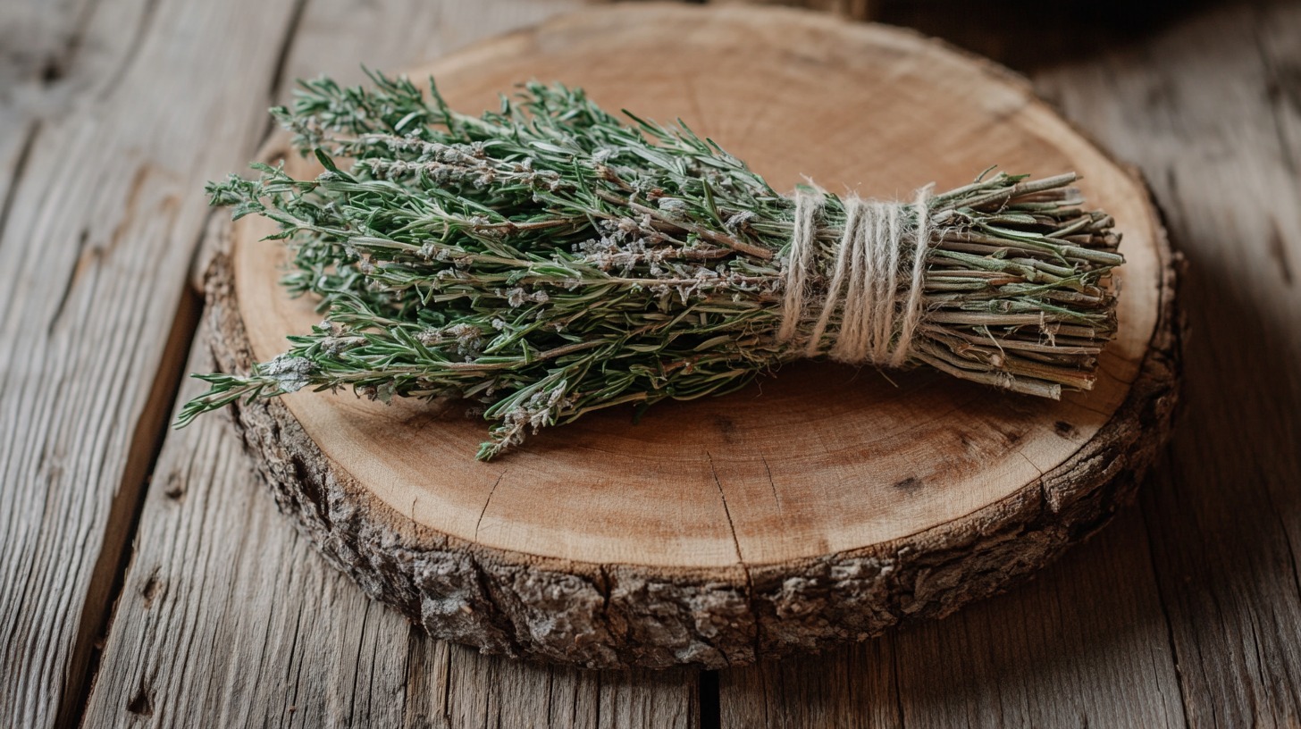 A bundle of dried rosemary tied with twine, resting on a wooden slab with a rustic background