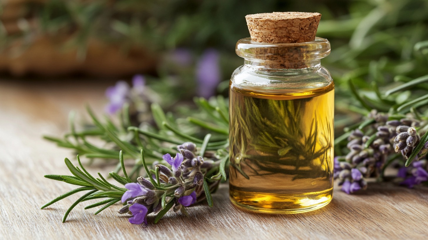 A glass bottle filled with golden rosemary-infused oil, surrounded by fresh rosemary sprigs and purple flowers on a wooden surface