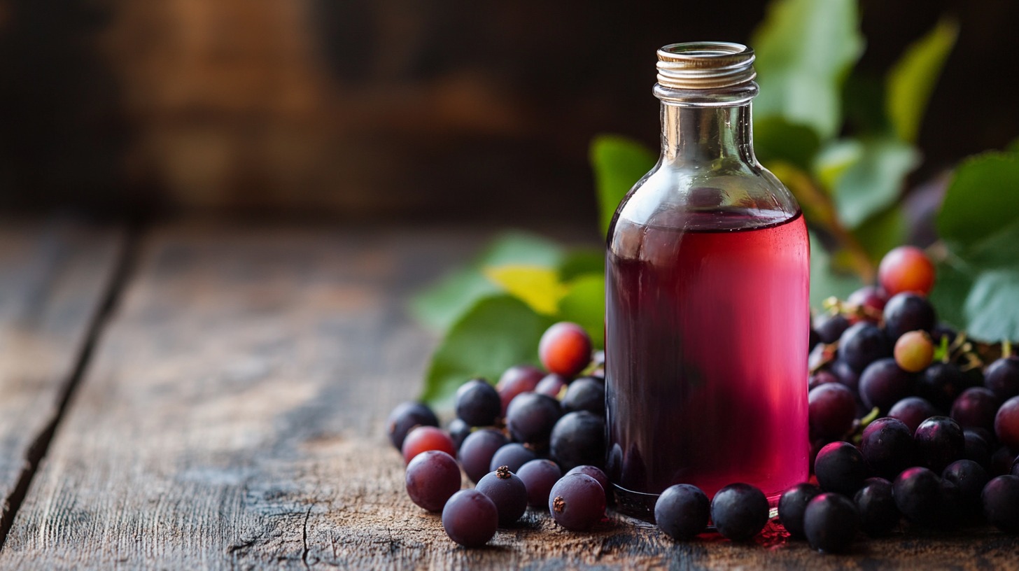 A bottle of homemade muscadine wine with deep red color, surrounded by fresh muscadine grapes on a rustic wooden surface