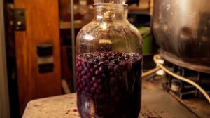 A glass jar filled with muscadine grapes and liquid, undergoing primary fermentation in a home winemaking setup