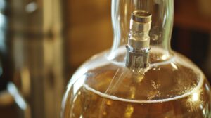 A close-up of a glass carboy filled with fermenting liquid, equipped with an airlock for controlled fermentation