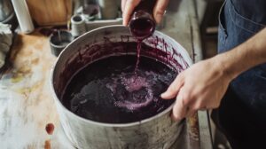 A person pouring deep purple grape juice into a large metal container, beginning the fermentation process for muscadine wine