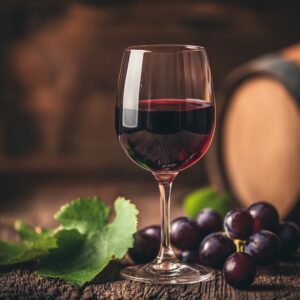 A glass of deep red Muscadine wine on a rustic wooden surface, surrounded by fresh grapes, grape leaves, and a wine barrel in the background