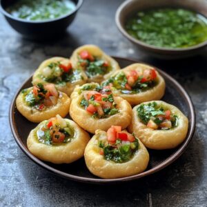 A plate of crispy Pani Puri filled with tangy green chutney, diced tomatoes, and fresh herbs, with bowls of spicy water in the background