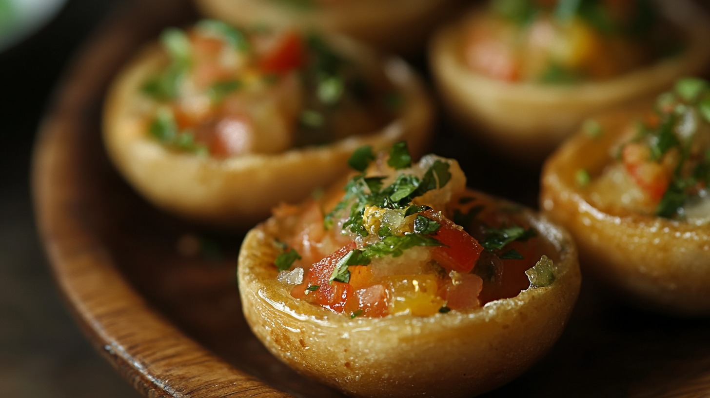 Close-up of crispy Pani Puri shells filled with spiced mashed potatoes, tomatoes, onions, and fresh coriander, served on a wooden plate