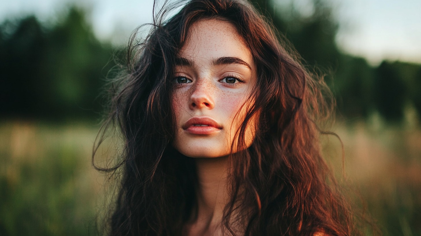 Close-up portrait of a young woman with long, wavy brown hair and freckles, standing outdoors in a natural setting with soft golden light