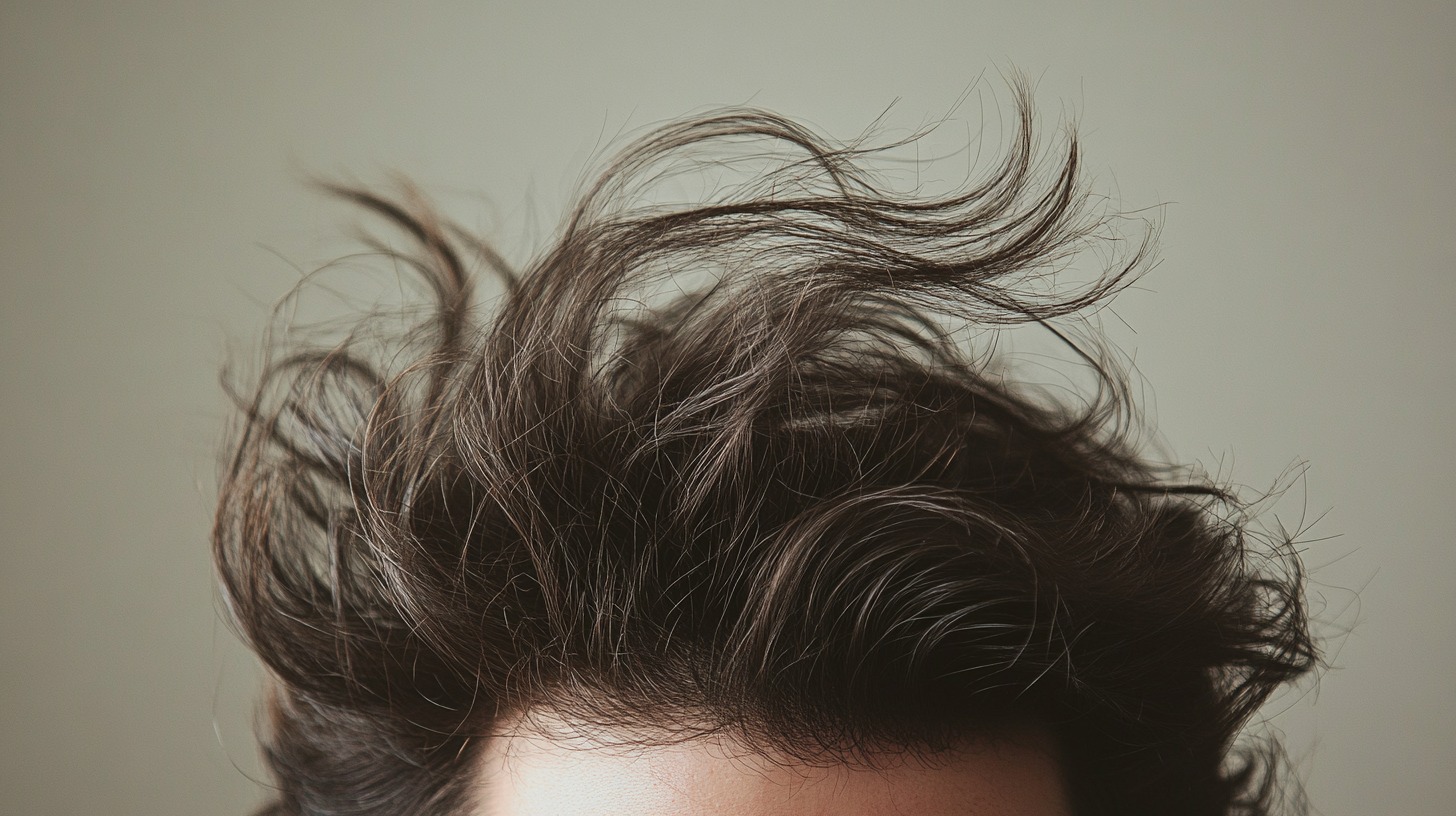 Close-up of tousled, windswept dark brown hair with strands sticking up against a neutral background