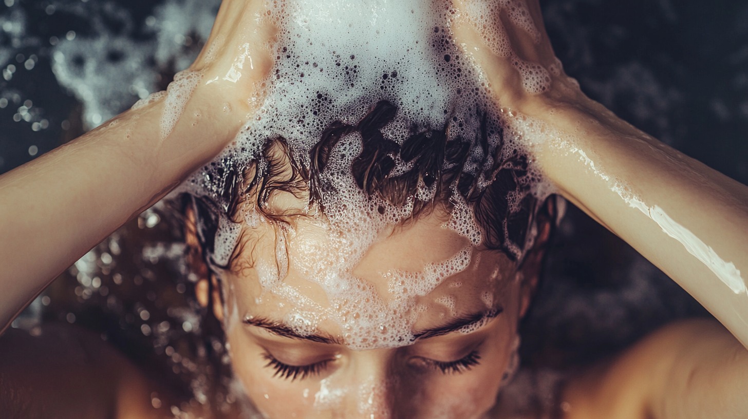 Close-up of a person washing their hair with shampoo, covered in thick, foamy lather