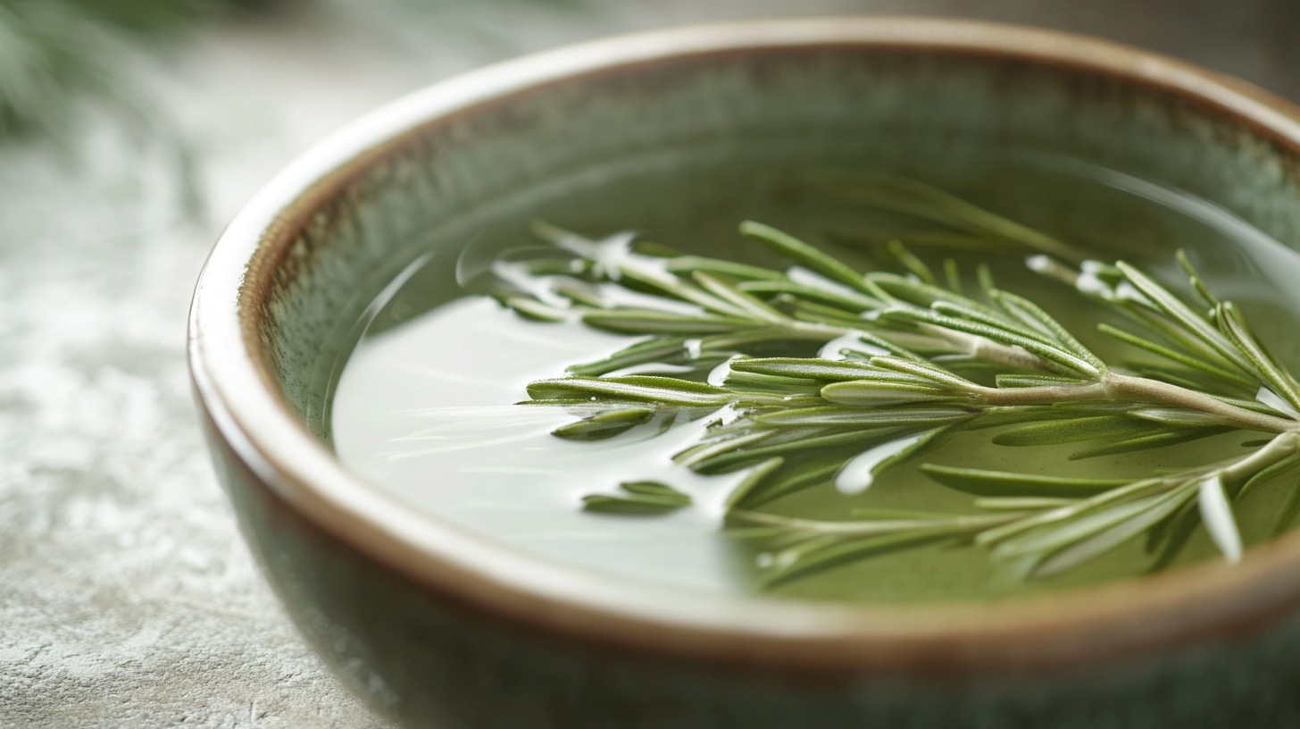 A close-up of a ceramic bowl filled with rosemary-infused water, with fresh rosemary sprigs floating on the surface