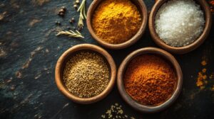 Four wooden bowls filled with different spices: mustard seeds, turmeric powder, red chili powder, and coarse salt, arranged on a dark stone surface with scattered peppercorns and herbs