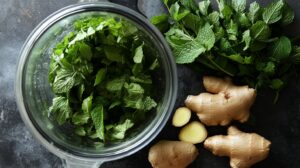 A glass blender filled with fresh mint leaves, alongside whole ginger roots and additional mint leaves on a dark stone surface