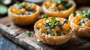 Close-up of crispy Pani Puri shells filled with spicy water pearls, chopped onions, herbs, and fresh coriander, served on a rustic wooden board