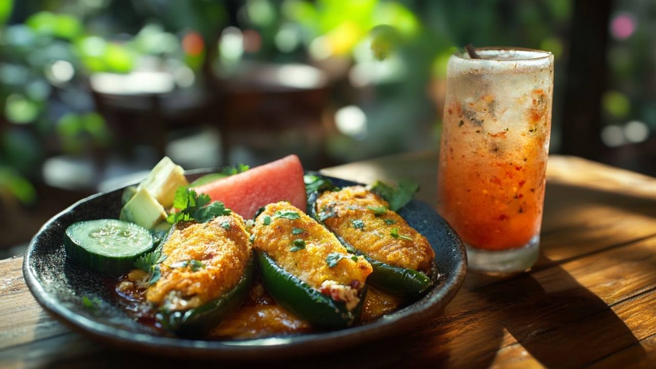 Agua Fresca drinks in combination with Mexican Chiles Rellenos dish