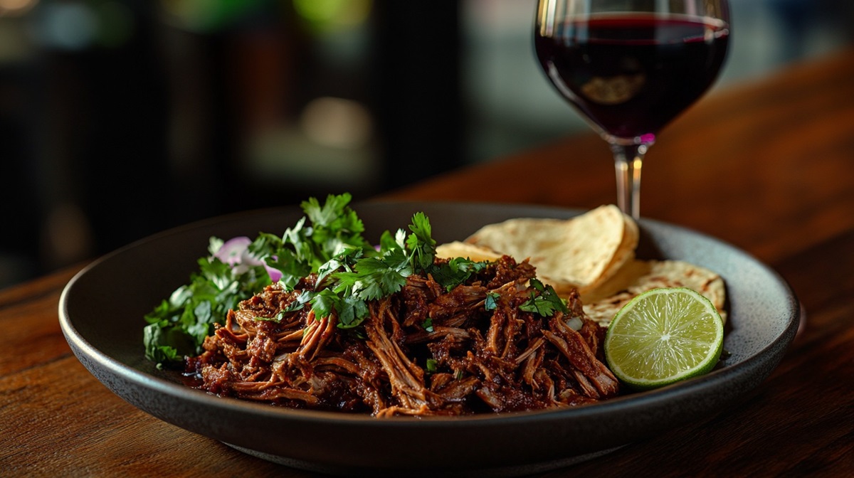 Malbec and Mexican Barbacoa food