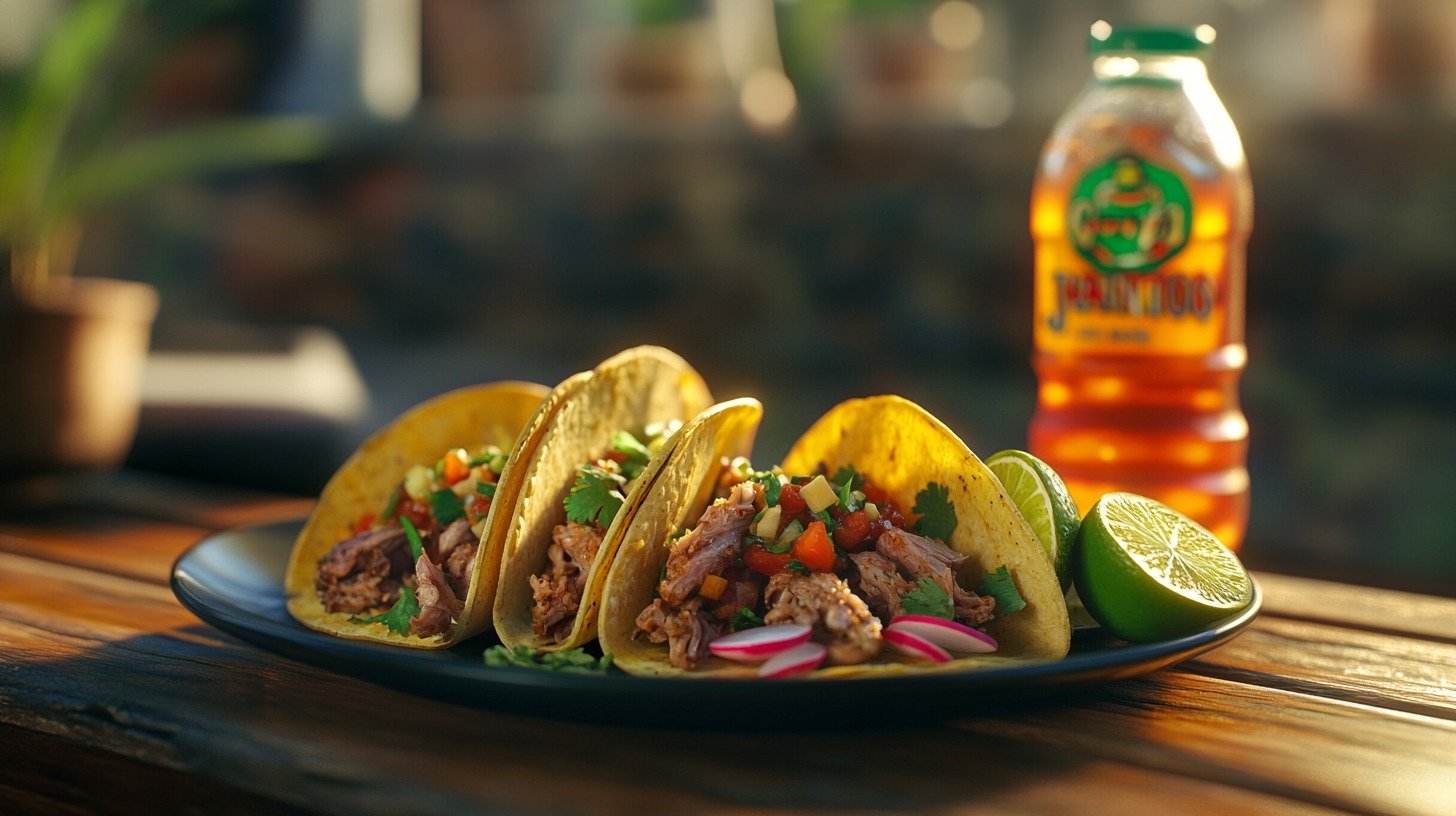 Mexican Sodas and Carnitas Tacos food