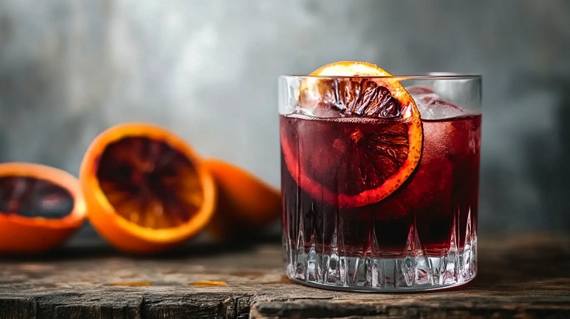 A smoky Mezcal Negroni cocktail served in a clear glass with ice and a slice of charred blood orange, emphasizing a refined charred citrus presentation