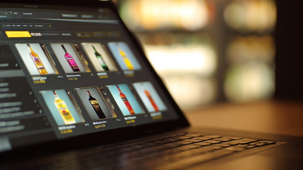 Close-up of a laptop screen showing an online liquor store interface with various liquor bottles listed for purchase
