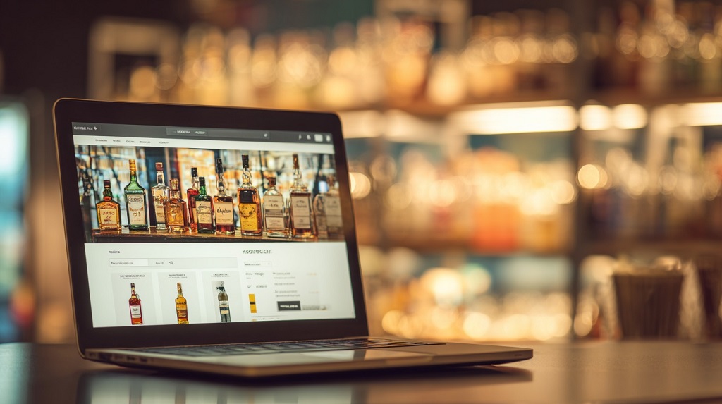Laptop displaying an online liquor store website with various whiskey bottles showcased on the screen