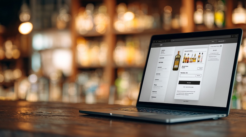 Laptop displaying an online liquor store checkout page with liquor bottle bundles available for order