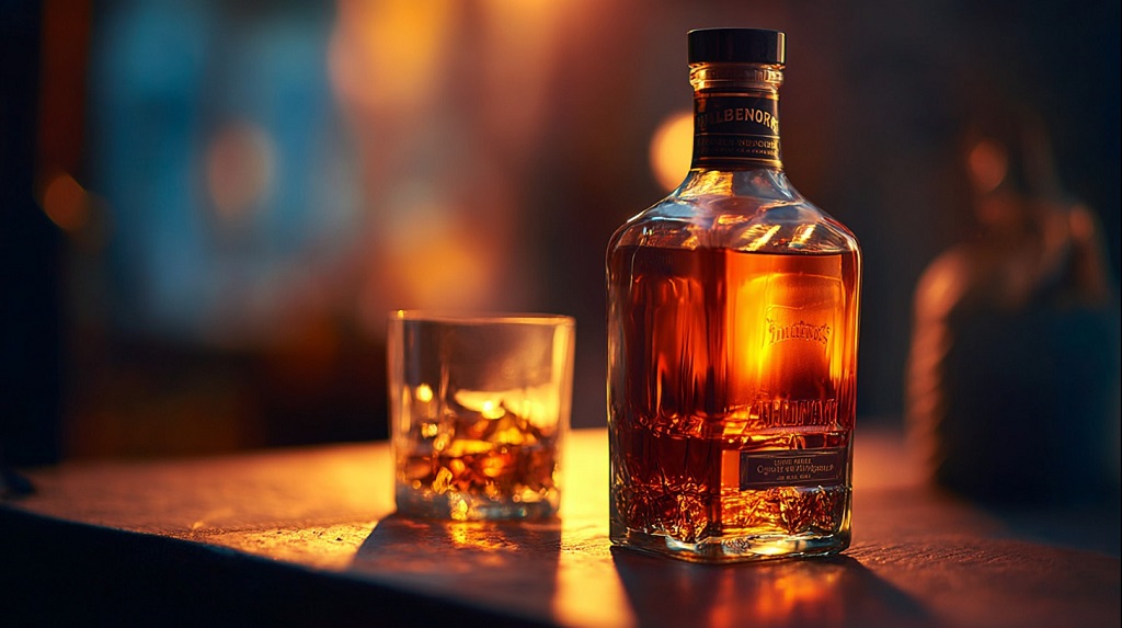 Close-up of a whiskey bottle and glass on a bar counter
