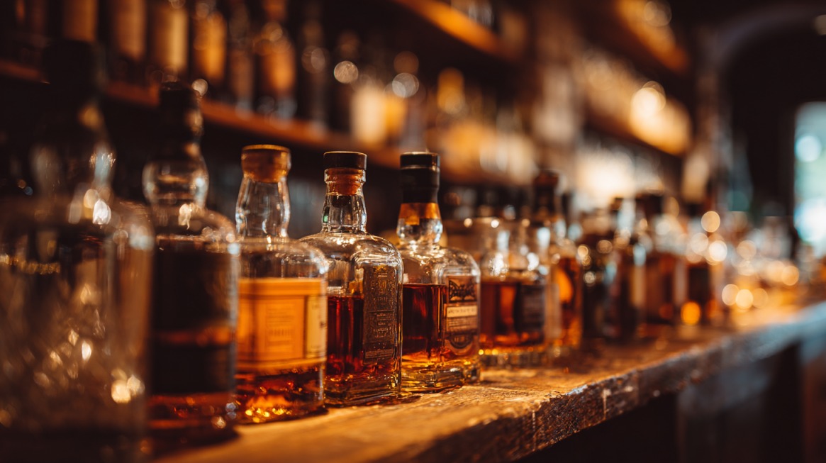 Row of whiskey bottles lined up on a rustic wooden bar with warm, blurred background lights