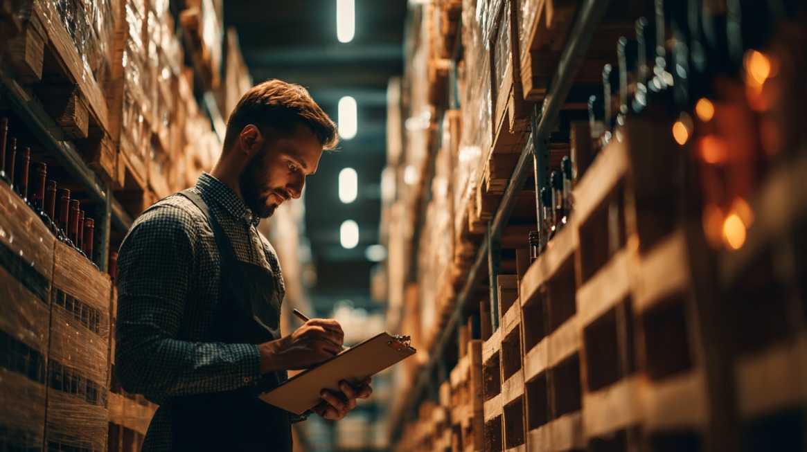 Man wearing an apron writes on a clipboard while inspecting shelves of bottles in a dimly lit storage warehouse