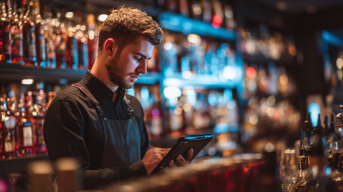 Bartender wearing an apron stands behind a bar filled with liquor bottles, using a tablet to check inventory