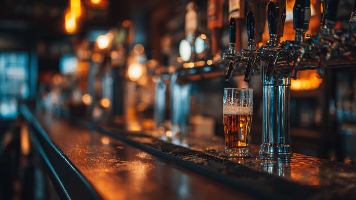 A row of beer taps in a dimly lit bar with a single pint of beer placed on the counter in front