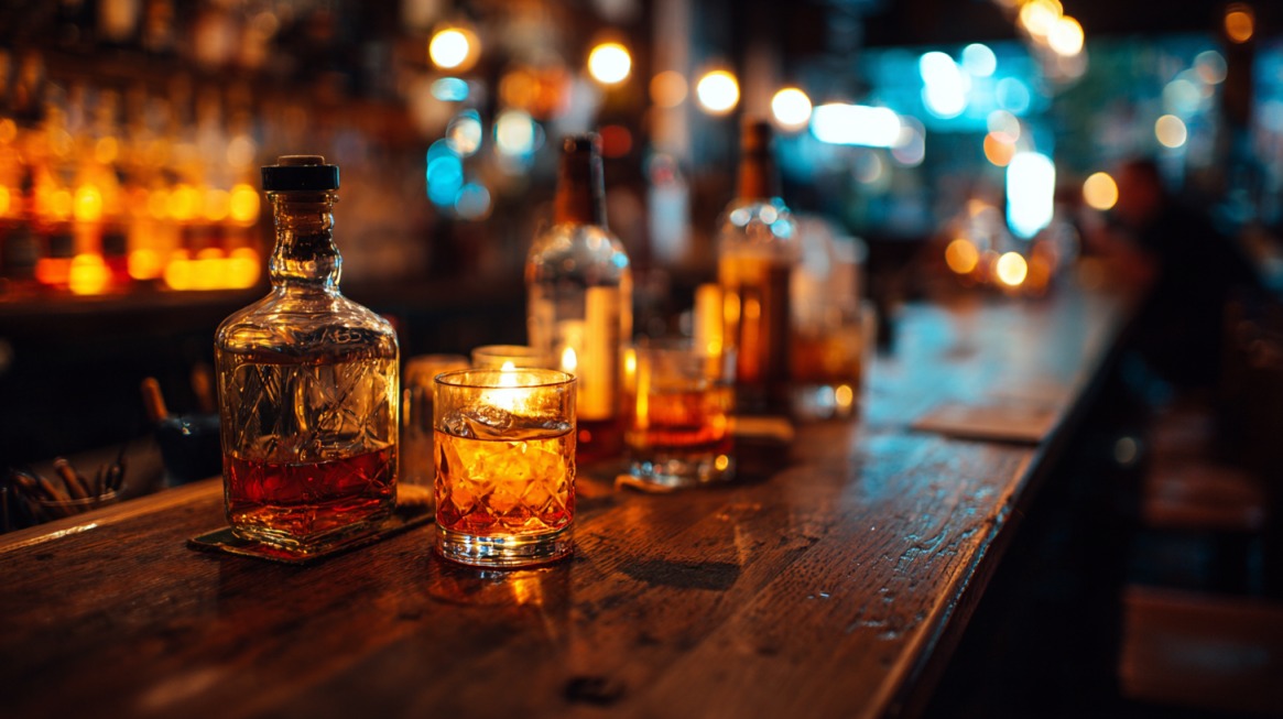 Close-up of whiskey bottles and glasses on a dimly lit bar counter with warm lighting